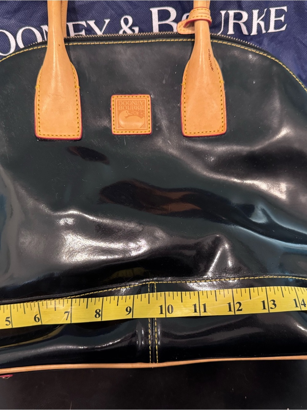 Dooney & Bourke Black Patent Leather Satchel with Tan Trim